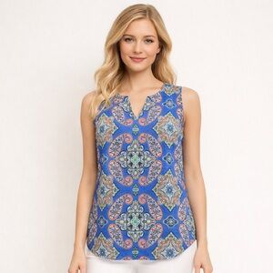 Renee C Blue Green Paisley Sleeveless Blouse Made in USA Boho Festival Small